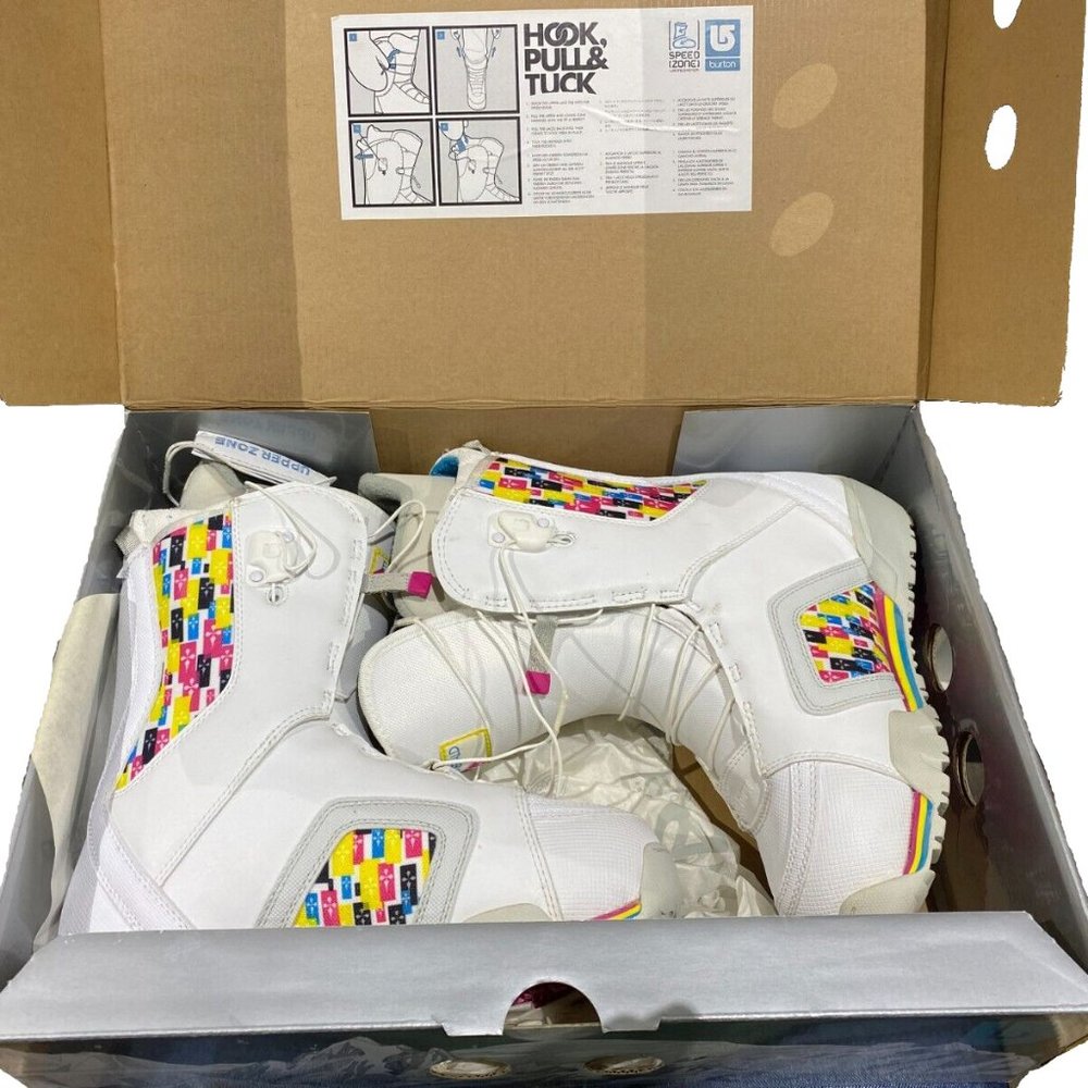 NEW Burton Emerald Womens Snowboard Boots! Size 4 Euro 34 White Colorful Design